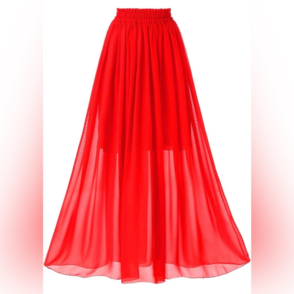 Vibrant Red Sheer Lined Elastic Waistband Flowy Plus Size Maxi Skirt EUC